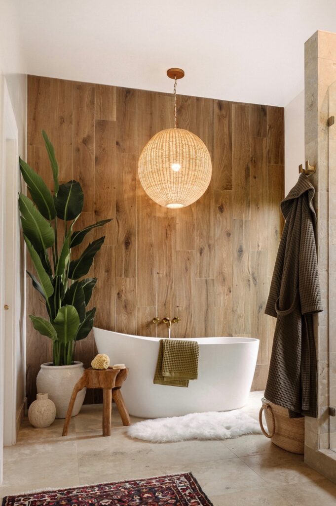 Primary bathroom designed by Rachel Jackson Design with a freestanding tub and wood accent wall, featured in Good Housekeeping May/Jun '26